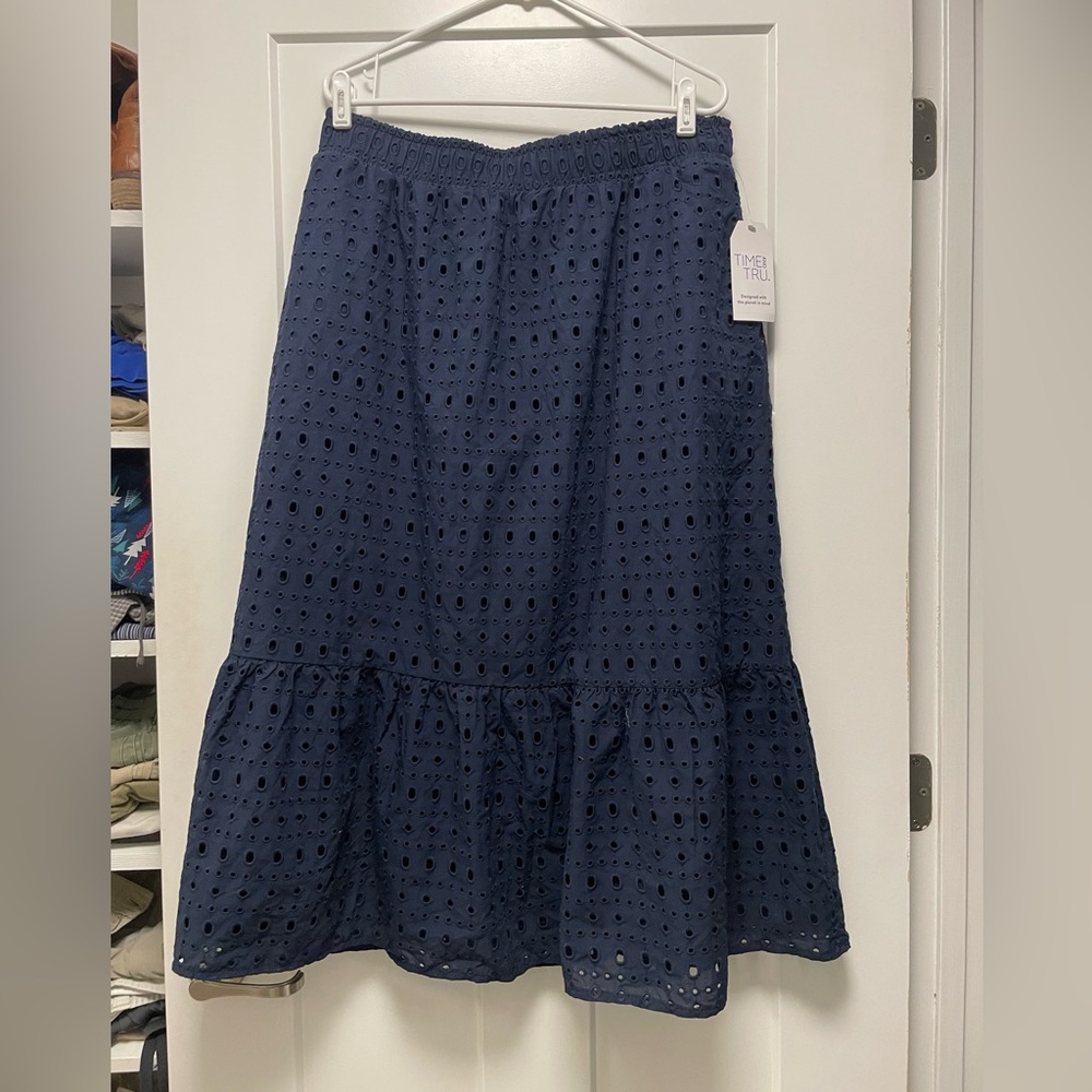 Time and Tru Blue Tiered Midi Skirt Casual Resort Wear